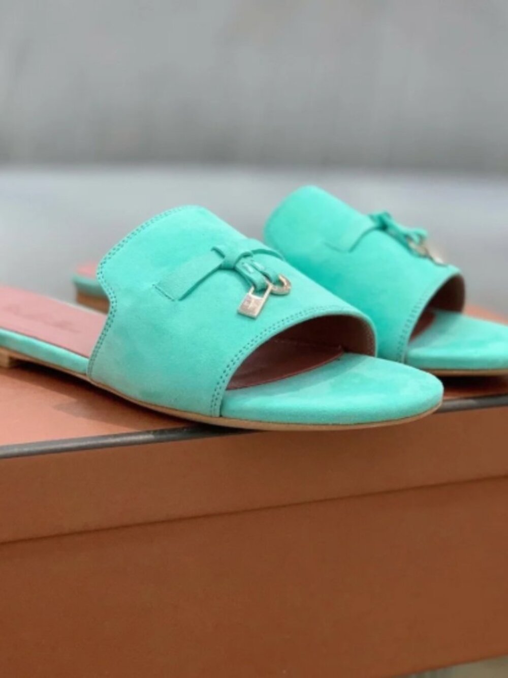 Loro Piana Mint Green Suede Slide Sandals Bow Charm Flat Open‑Toe Mules - Picture 2 of 6